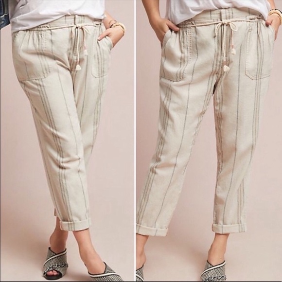 Anthropologie Striped Seashore Tan Linen/Cotton Blend Crop Pant w Rope Ties - Picture 7 of 14
